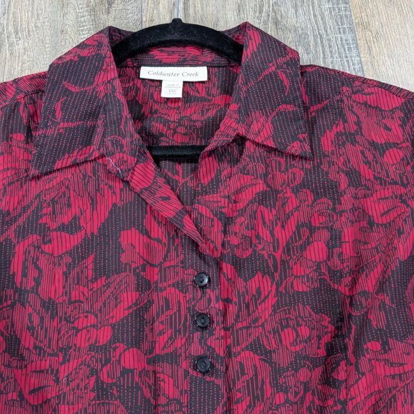 Coldwater Creek Top Womens Medium Petite Red Floral Button Up Long Sleeve - Picture 3 of 9
